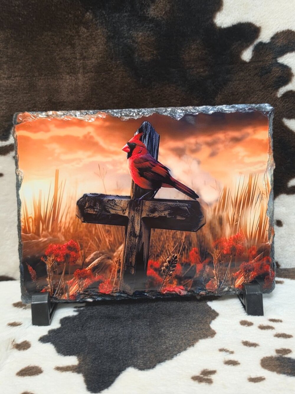 Photo Rock Slate Cardinal Cross Religious Bird Picture Stone Plaque